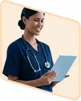 happy female nurse using her tablet device